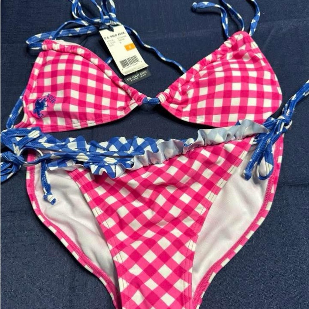 Polo by Ralph Lauren Pink and White Check Gingham Bikini with Blue Trim